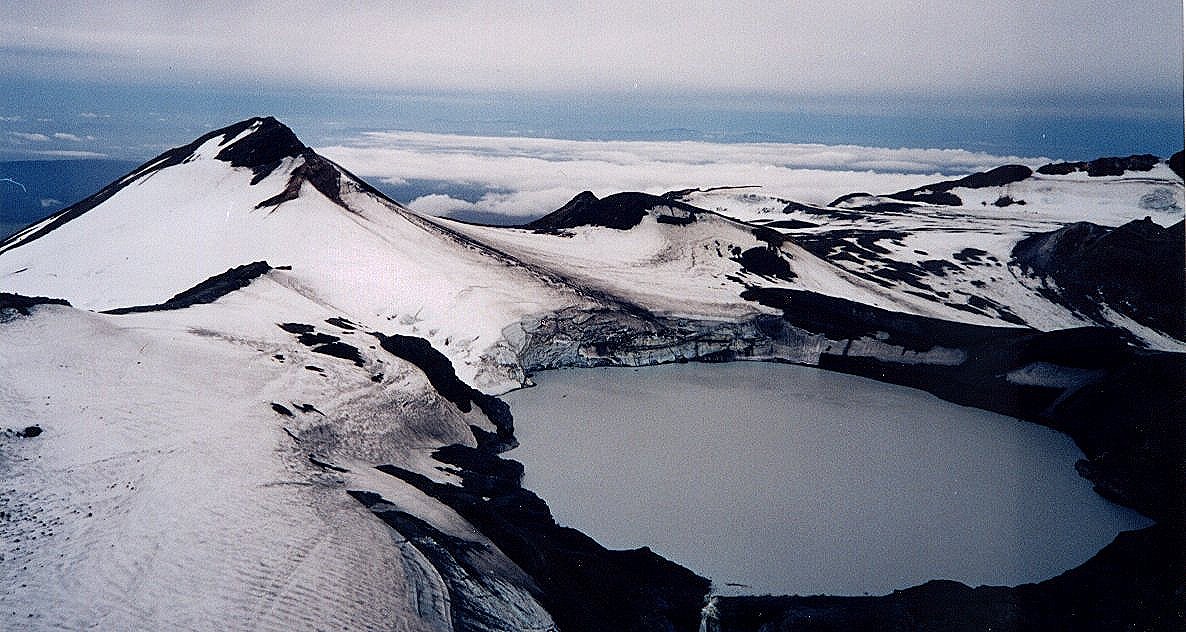 Summit view of snowfields and Crater Lake of Mt.Ruapehu