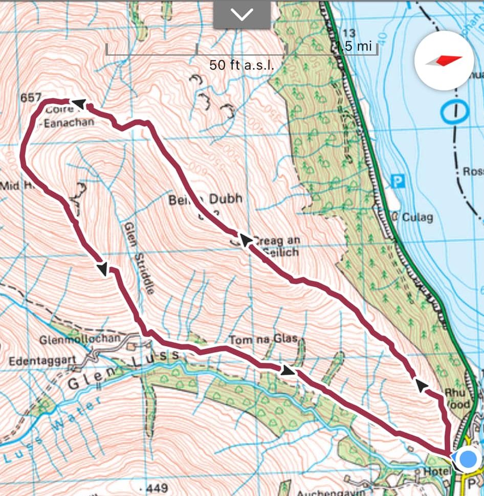 Map for Beinn Dubh in the Luss Hills above Loch Lomond