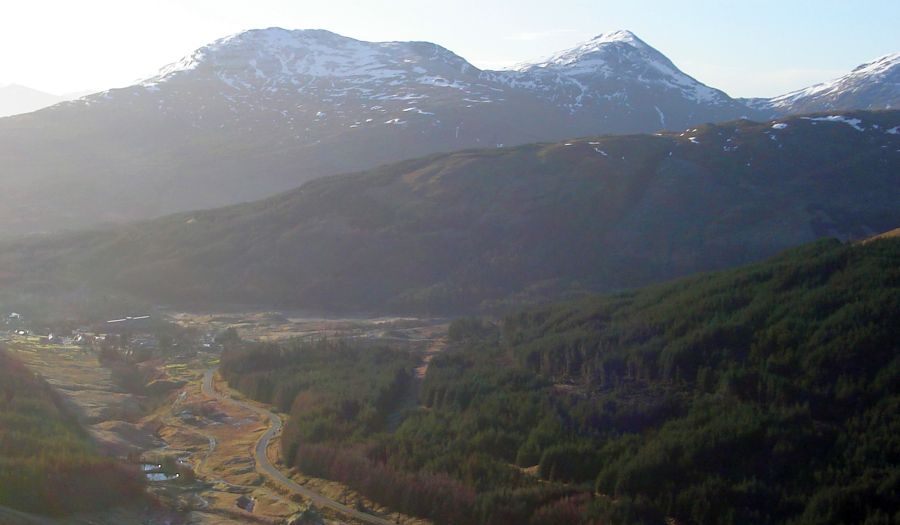 Tyndrum and the West Highland Way beneath Beinn Dubhchraig and Beinn Oss on ascent of Beinn Odhar