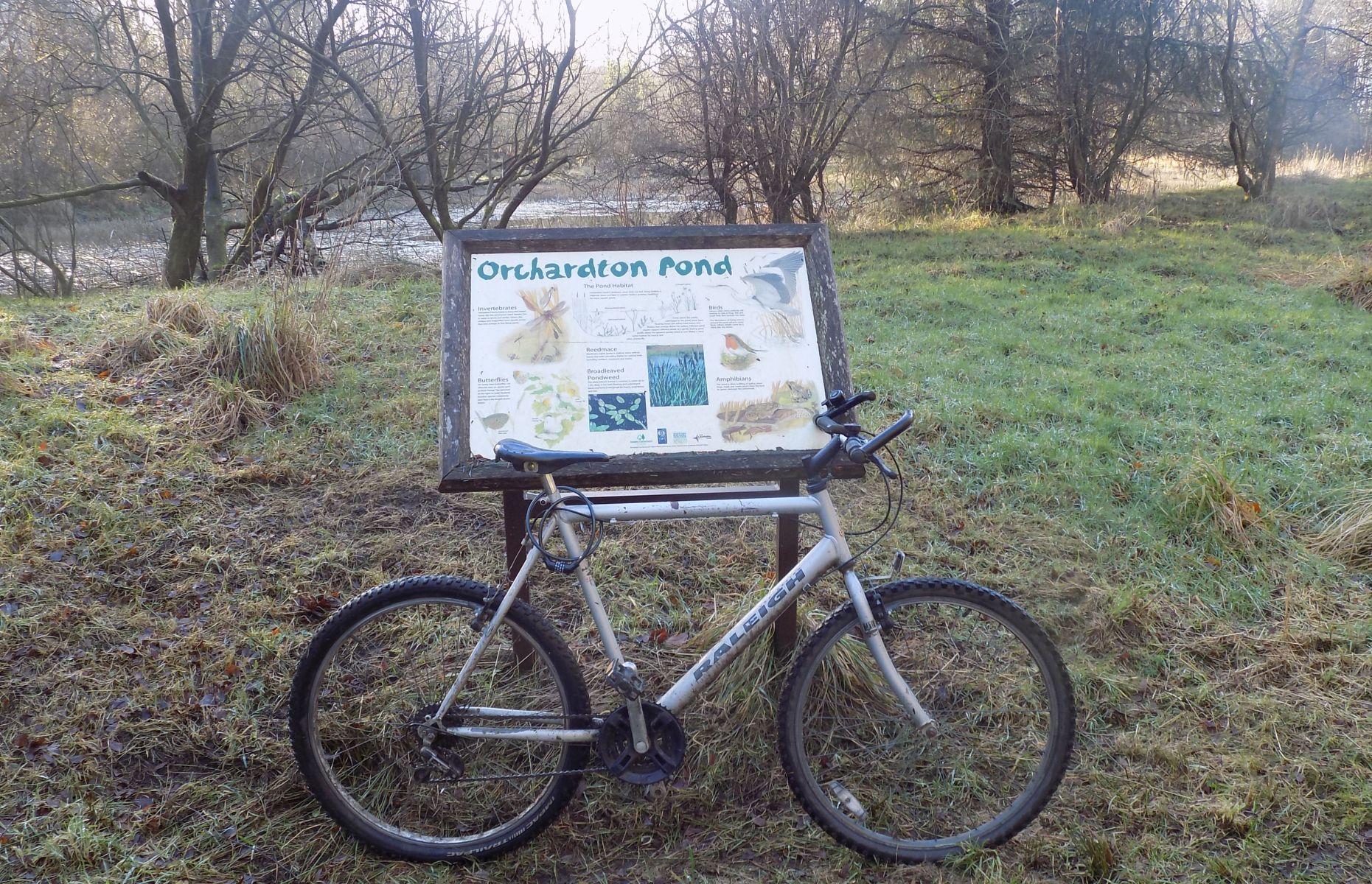 Signboard at Pond in Orchardton Woods at Cumbernauld