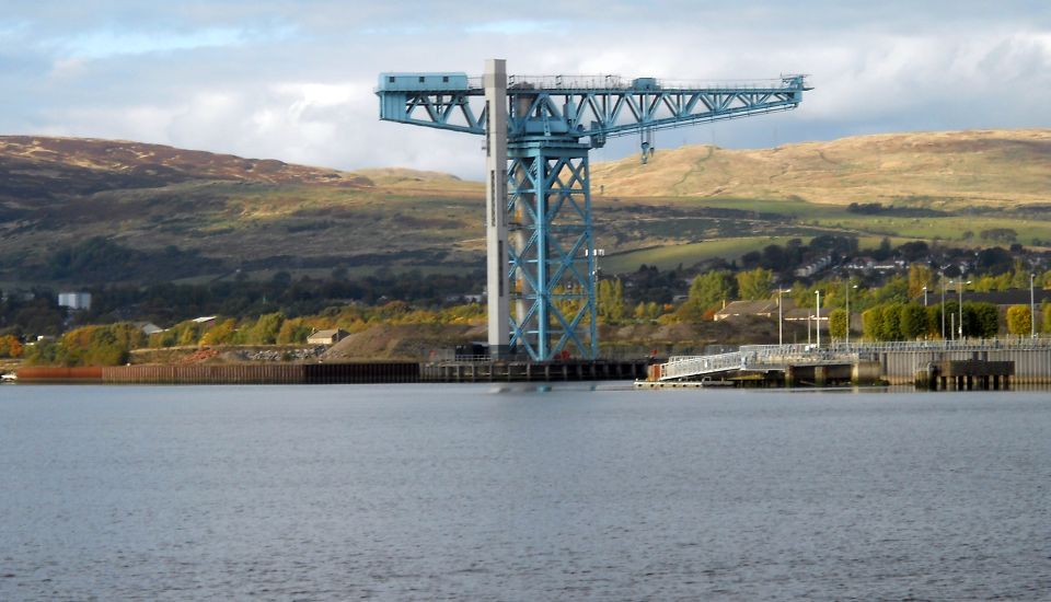 Titan shipyard crane at Clydebank from confluence of Black Cart Water and the River Clyde