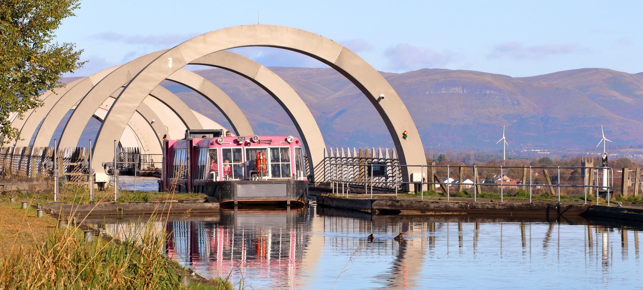 Boat uplifted to the Union Canal by the Falkirk Wheel