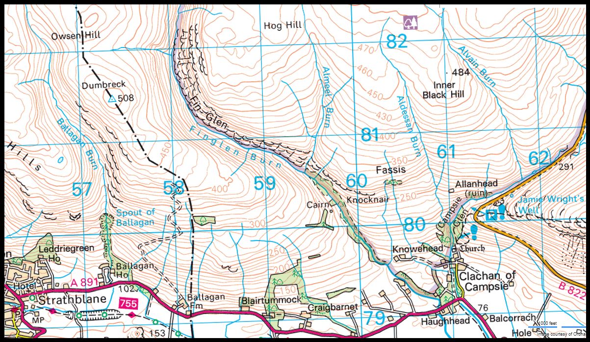 Map of Fin Glen in the Campsie Fells
