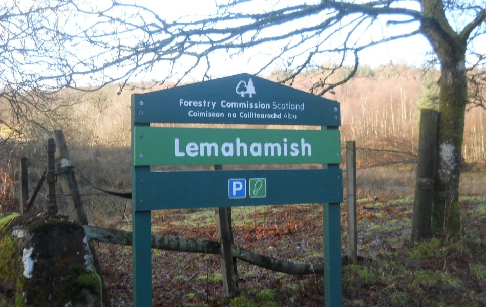 Signpost on Gartmore Road at track into Loch Ard Forest