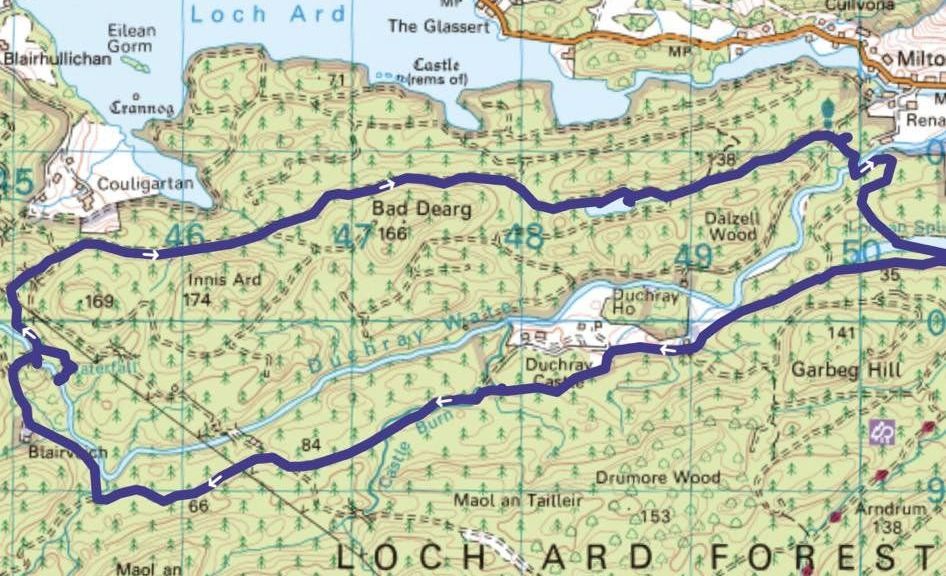 Map of cycle route round Loch Ard Forest