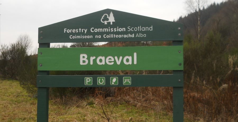 Sign at entrance to Braeval Forest on outskirts of Aberfoyle