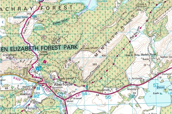 Map of Aberfoyle the Menteith Hills and Lake Menteith
