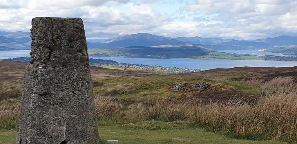 Dunoon and the Cowal Hills across the Firth of Clyde from the trig point on Corlick Hill