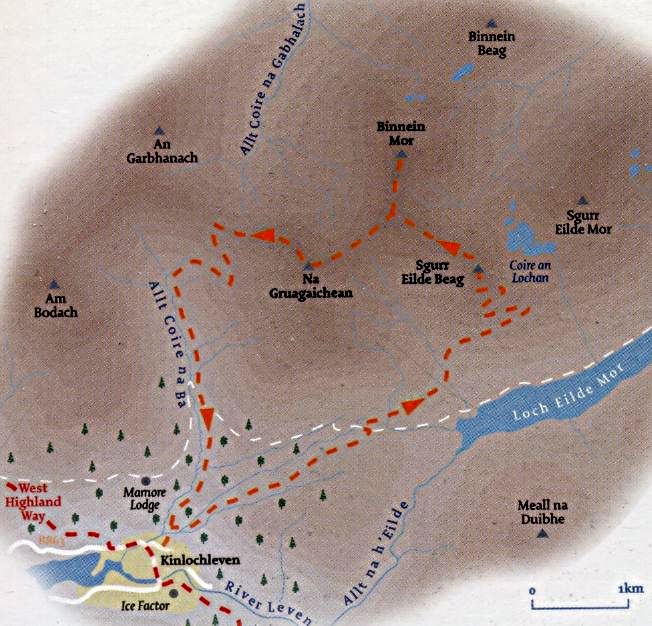 RouteMap of the Mamores from West Highland Way