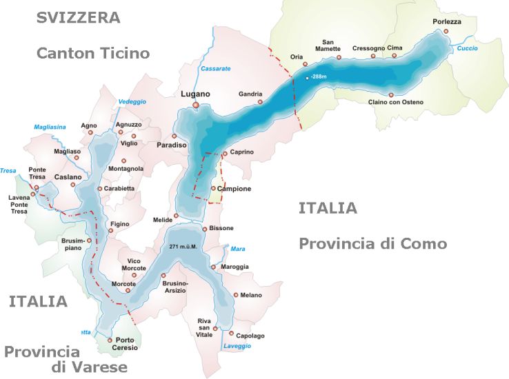 Map of Lake Lugano in Switzerland and Italy