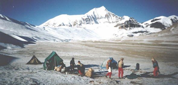 Well clothed porters at camp in Hidden Valley on Dhaulagiri Circuit