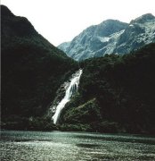 Waterfall at Milford Sound in the South Island of New Zealand